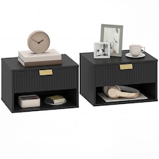 HOMCOM Floating Bedside Tables Set of 2 with Fluted Drawer Open Shelf | Black | Black | 40W x 30D x 25H cm