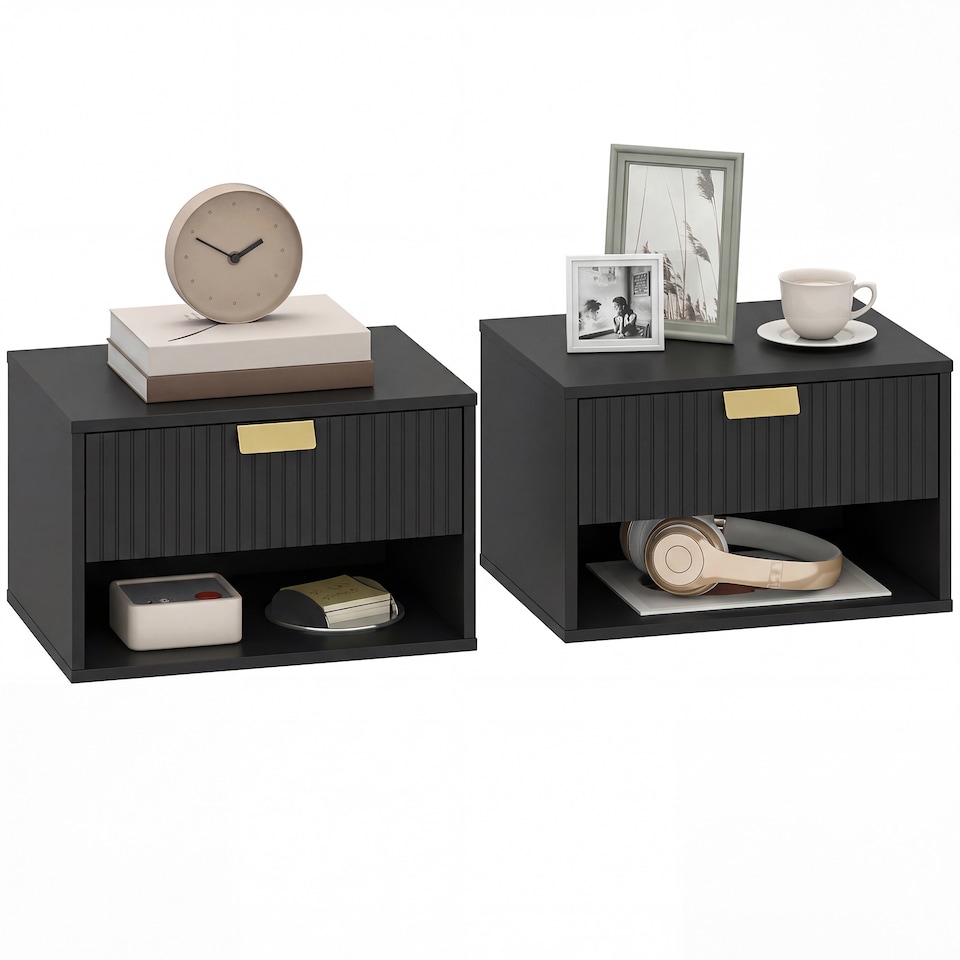 image 1 of HOMCOM Floating Bedside Tables Set of 2 with Fluted Drawer Open Shelf | Black | Black | 40W x 30D x 25H cm