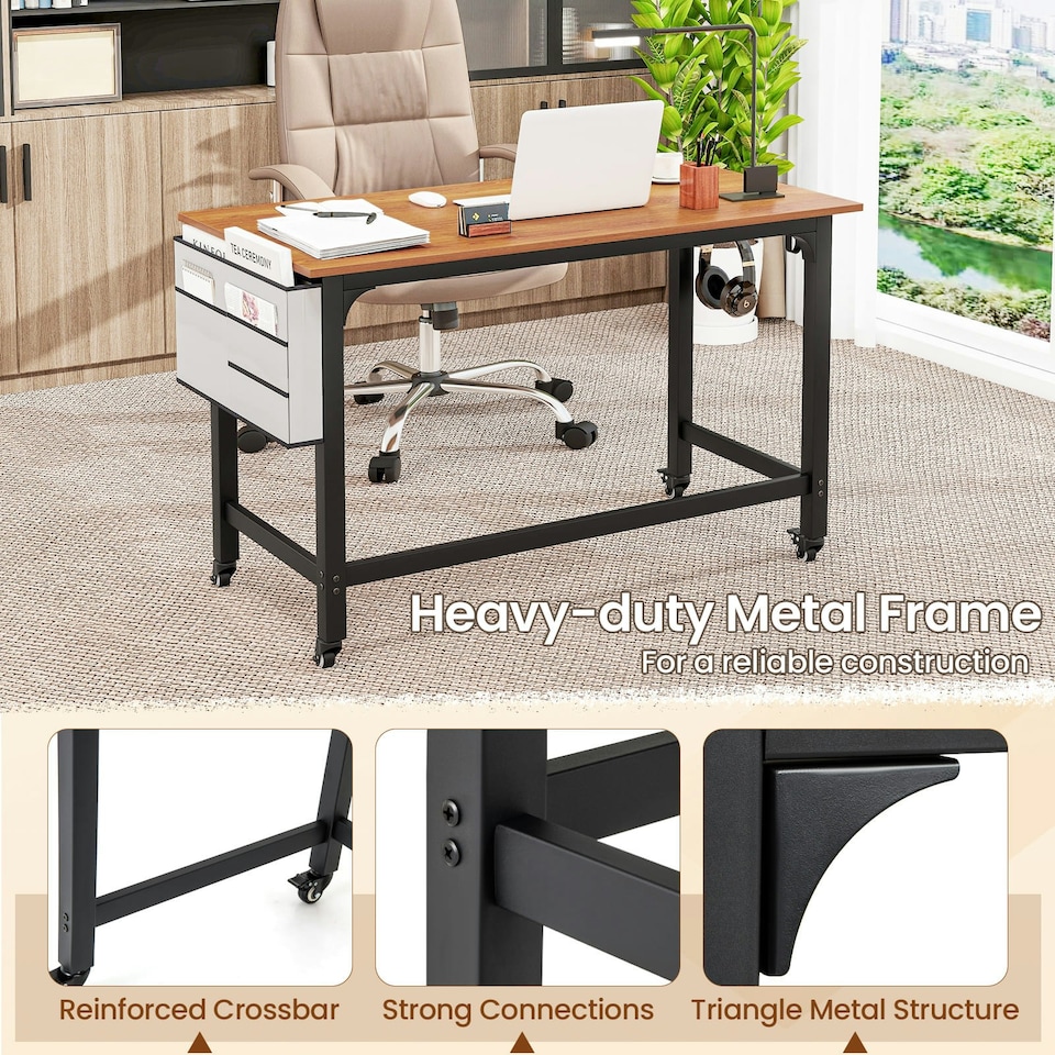 image 1 of COSTWAY Mobile Computer Desk 120cm Home Office Desk Teak Brown