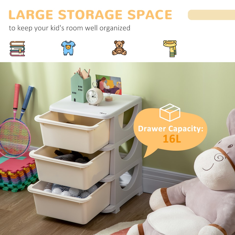 image 1 of HOMCOM Kids Storage Units with Drawers 3 Tier Chest Dresser Tower Cream