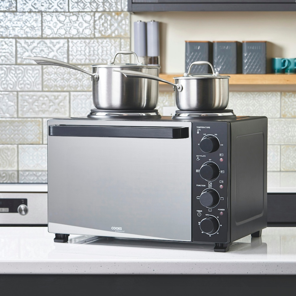 image 1 of Cooks Professional Mini Oven 34 Litre with 2 Hobs | 34 Litre | Powerful 1500W | Black Contemporary