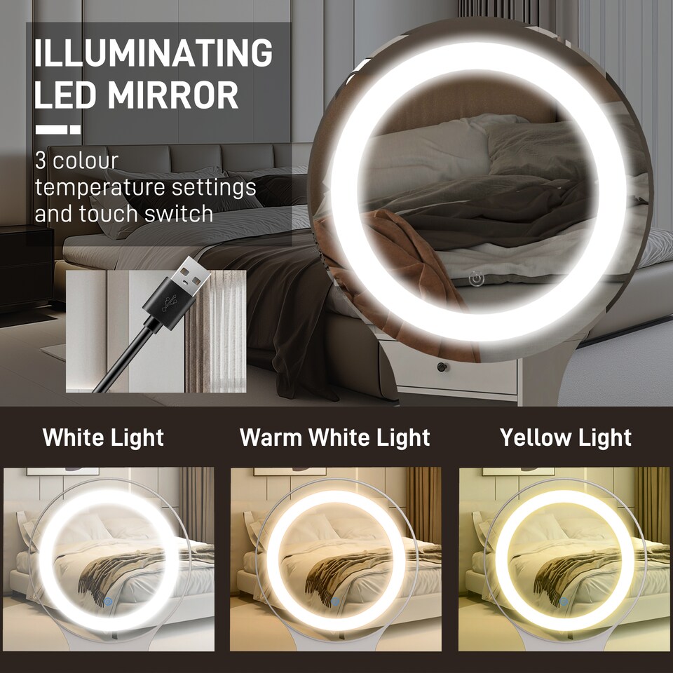 image 1 of HOMCOM Dressing Table with Mirror, Vanity Table with Adjustable LED Lights, Makeup Desk with 5 Drawers and 5 Shelves, White