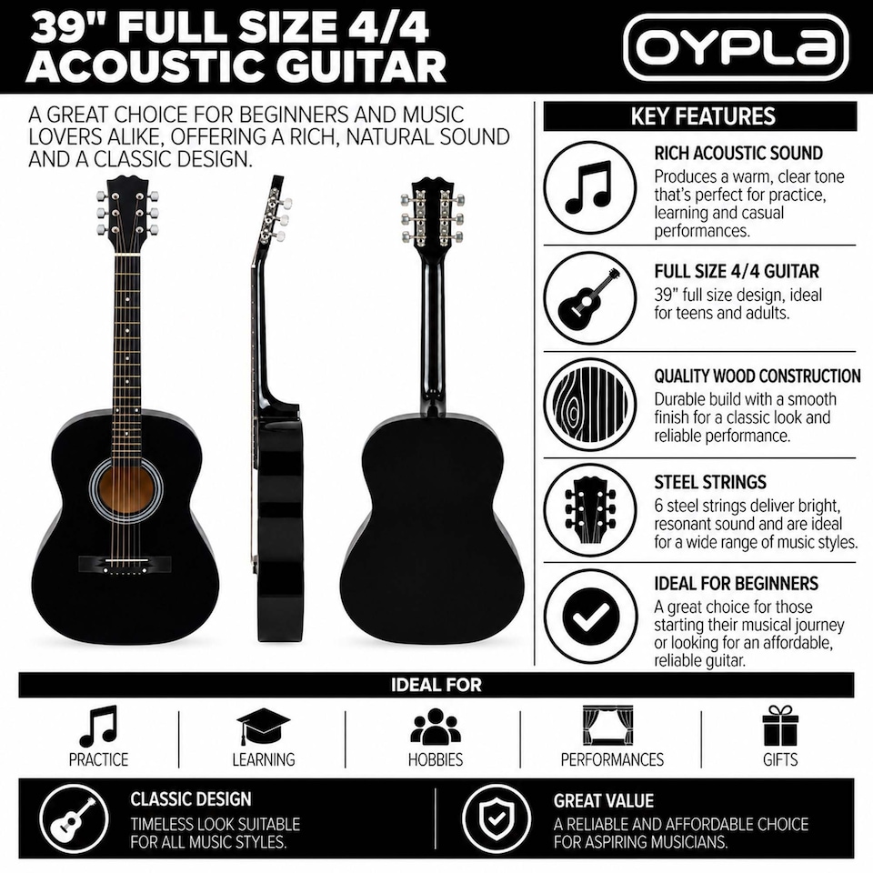 image 1 of Black 39 Inch Full Size 6 String Steel Strung Acoustic Guitar | Black
