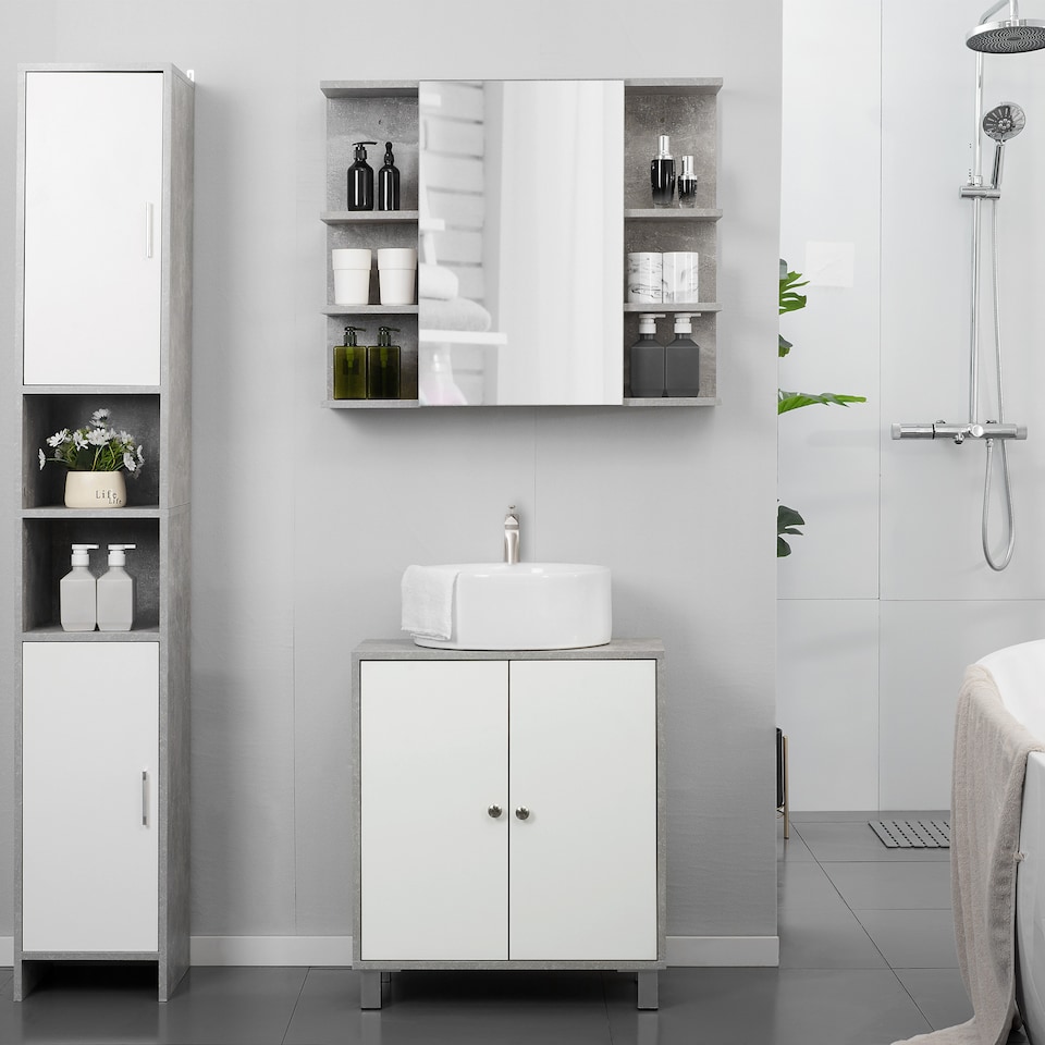 image 1 of kleankin Under Sink Cabinet, Bathroom Vanity Unit, Storage Cupboard with Adjustable Shelves, White and Grey | White | White, Grey