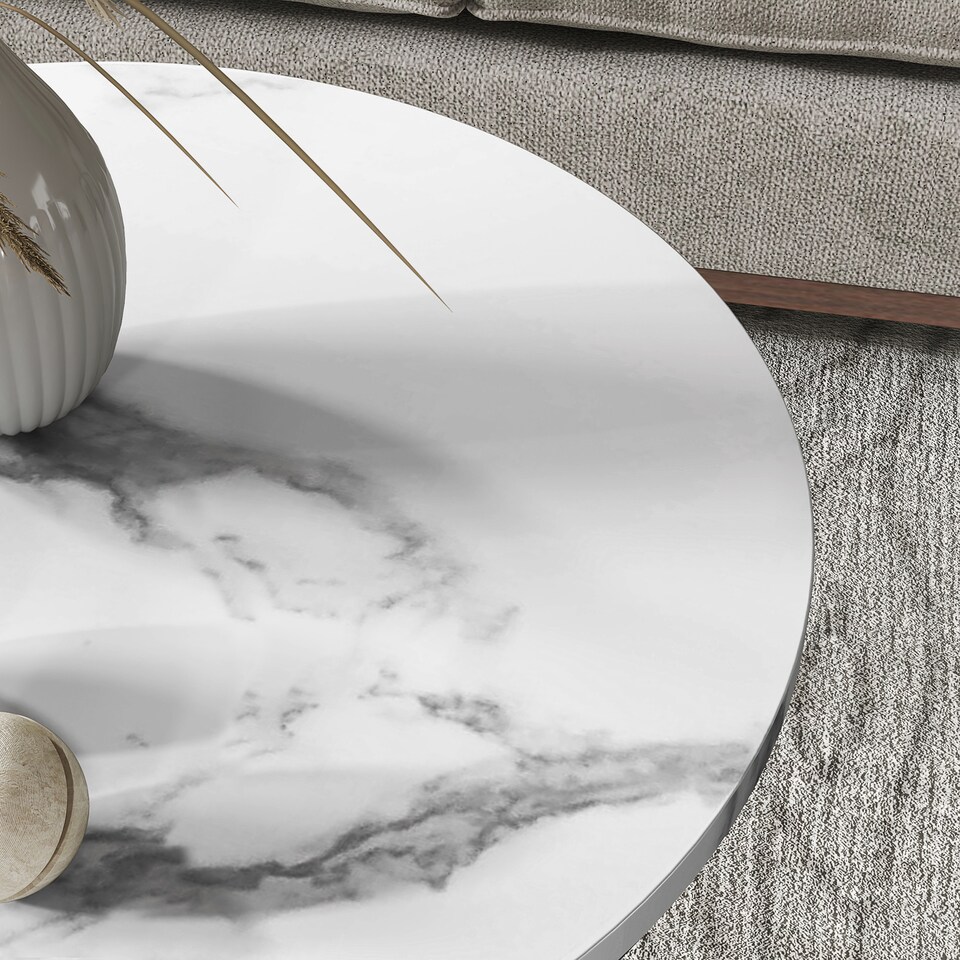 image 1 of HOMCOM Round Coffee Table Set of 2, Marble-Effect Side Tables with Storage Open Shelf and Steel Frame for Living Room, Bedroom, Gold Tone | Gold