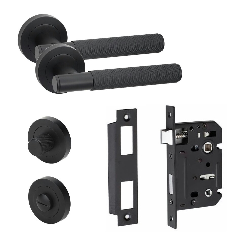image 1 of Golden Grace Knurled T-Bar Bathroom Door Handle Set in Matt Black with Thumbturn and Mortise Lock | Black | 1 Set