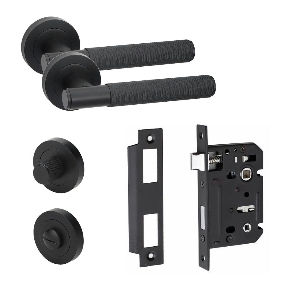 image 1 of Golden Grace Knurled T-Bar Bathroom Door Handle Set in Matt Black with Thumbturn and Mortise Lock Black
