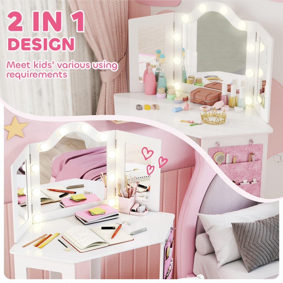 image 1 of AIYAPLAY Kids Vanity Table and Stool with Lights, Tri-Folding Mirror, White