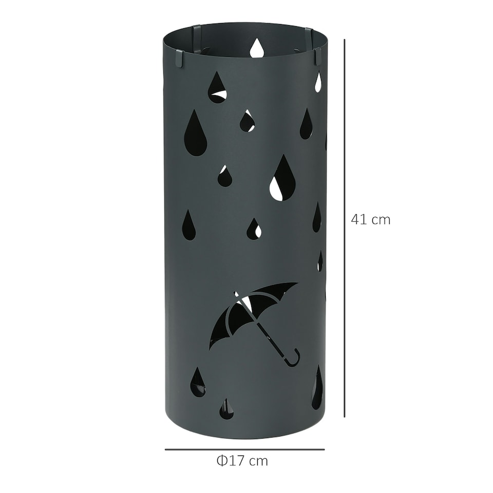 image 1 of HOMCOM Metal Umbrella Stand, Hollowed Umbrella Basket with 4 Hooks and Drip Tray