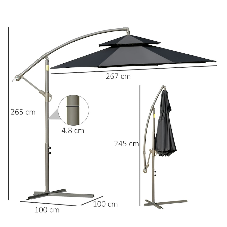 image 1 of Outsunny 2.7m Cantilever Banana Parasol Outdoor with Crank, Black