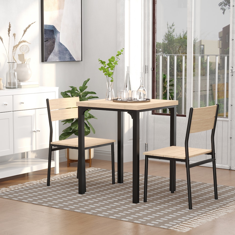 image 1 of HOMCOM 3 Pieces Compact Dining Table 2 Chairs Set Wooden Metal Legs Bistro Cafe Kitchen Breakfast Bar Home Furniture, Light Wood Grain