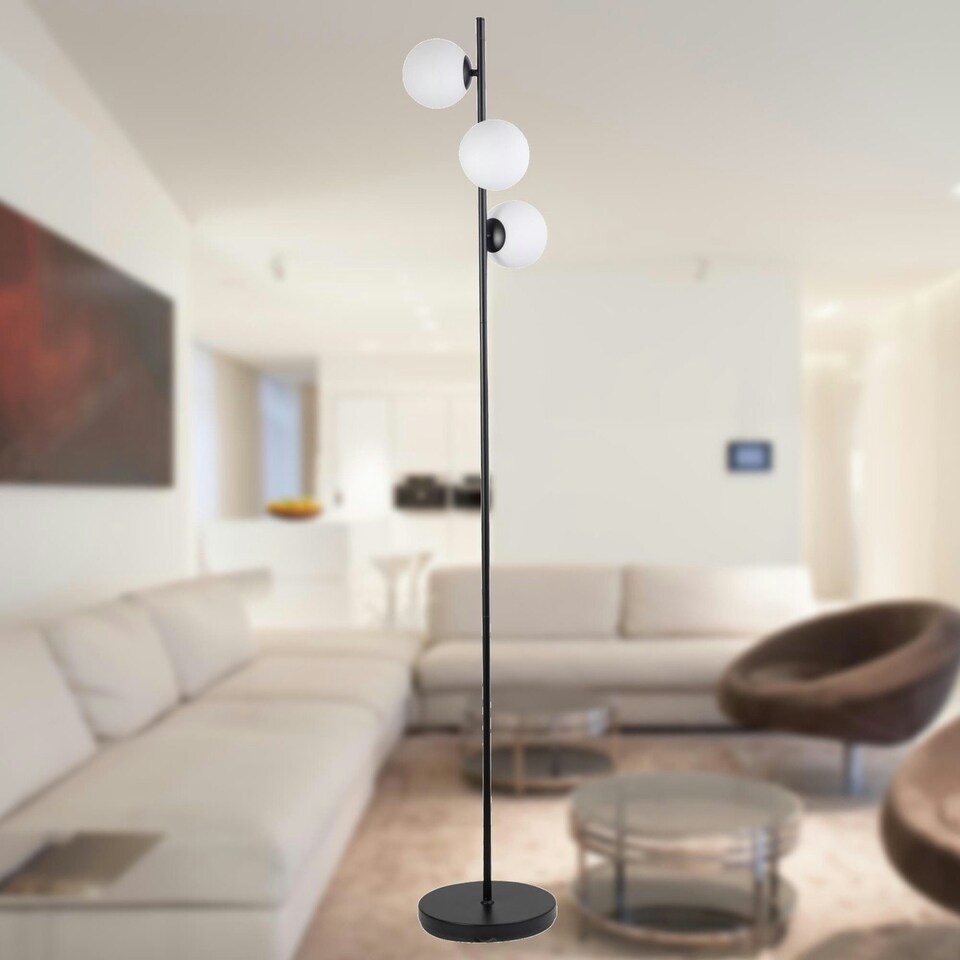 image 1 of First Choice Lighting Pair of Black Floor Lamp with Opal Globe Shades Black