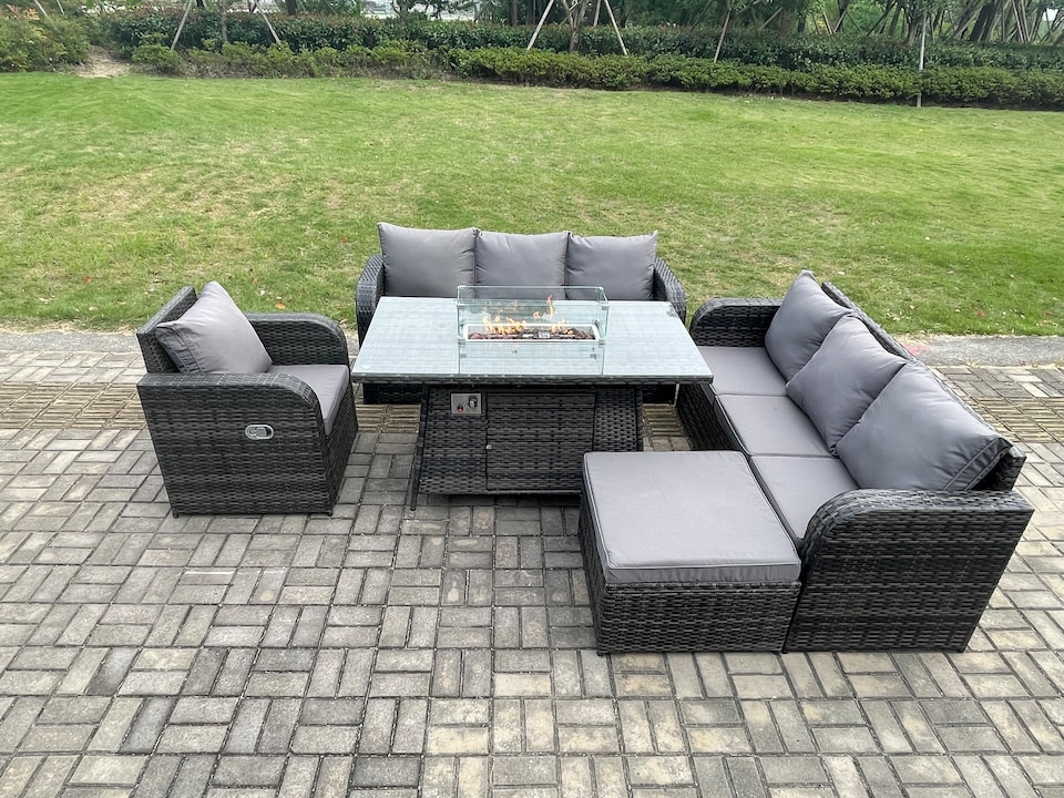 image 1 of Fimous Rattan Outdoor Furniture Gas Fire Pit Rectangle Dining Table Gas Heater Reclining Chair 3 Seater Sofa Sets with Big Footstool 8 Seater