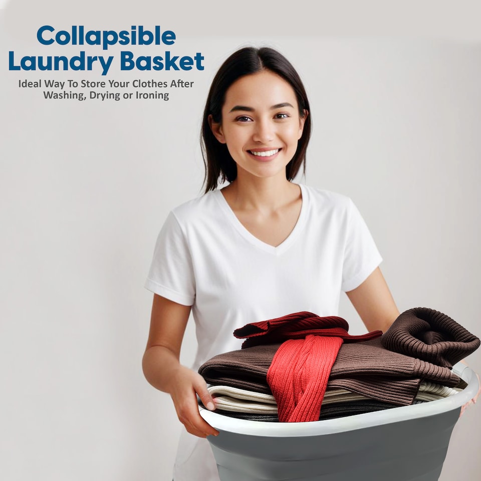 image 1 of Crystals Large Collapsible Fold Able Laundry Basket Pop Up Clothing Washing Storage For Bedrooms Laundry Room Bathroom (Oval Grey) | Grey | white