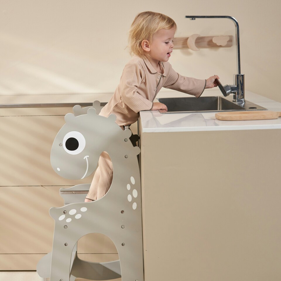 image 1 of Kidoz Toddler Learning Tower - Kitchen Helper with Safety Rail - Dinosaur Design - Grey