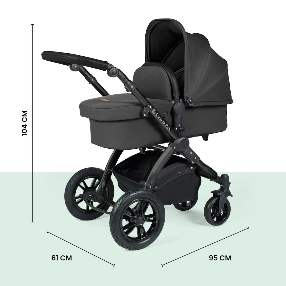 image 1 of Stomp Luxe 12pc Travel System with Cirrus i-Size Car Seat & ISOFIX Base, Carrycot, Reversible Seat, Rain Cover & More (Black/Charcoal Grey/Black)