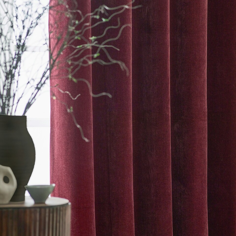 image 1 of Yard Heavy Chenille Velvet Room Darkening Pencil Pleat Curtains | Red