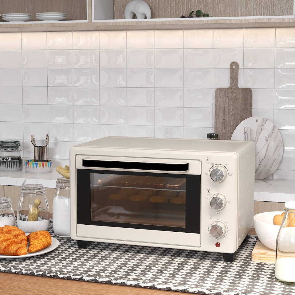 image 1 of HOMCOM Mini Oven, 21L Countertop Electric Grill, Toaster Oven with Adjustable Temperature, Timer, Baking Tray and Wire Rack, 1400W, Cream
