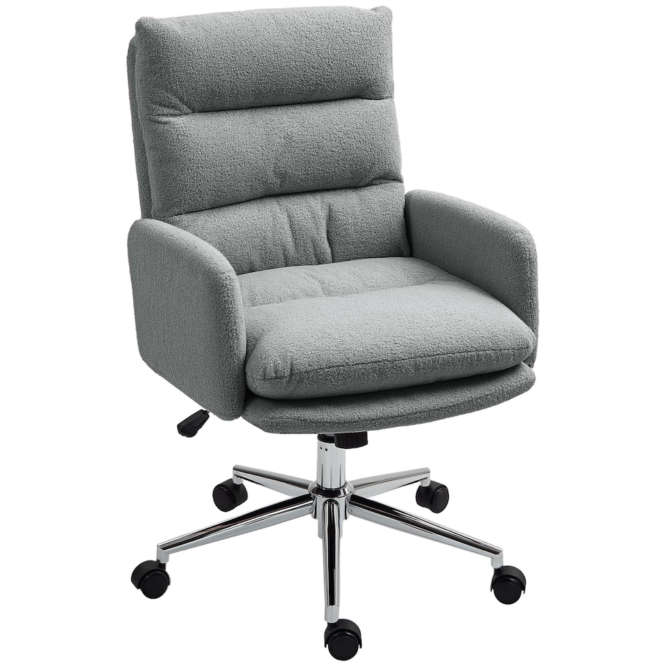 image 1 of HOMCOM Home Office Chair, Upholstered Sherpa Fleece Desk Chair with Height Adjustable, Tilt Function and 360 Swivel Wheels for Home Office and Study Room, Grey | Grey