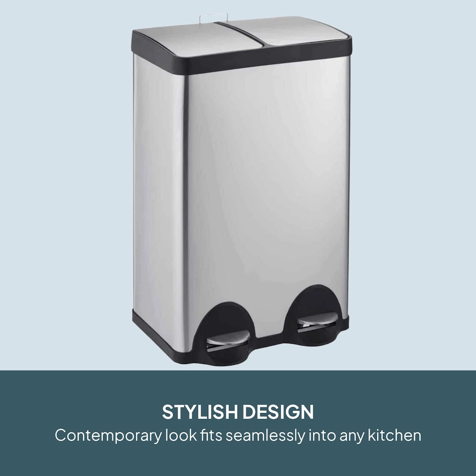 image 1 of Cooks Professional Dual Pedal Recycle Bin 60L with 2 x Compartments & Soft Close Lids | Silver