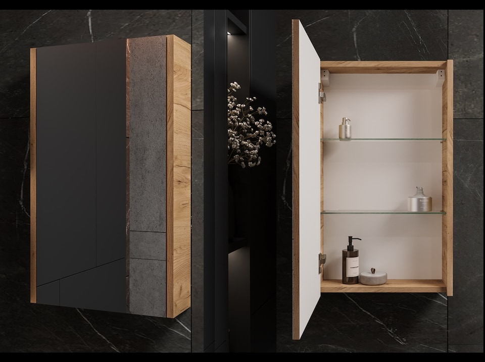 image 1 of Bathroom Mirror Cabinet Mirrored Wall Unit 400mm Slimline Cupboard Oak Finish Narrow Storage Avir