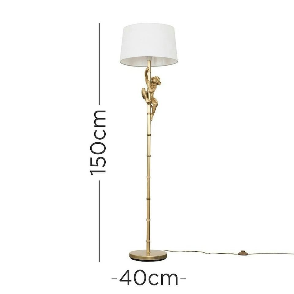 image 1 of ValueLights Monkey Painted Gold Floor Lamp with White Tapered Shade and LED Bulb