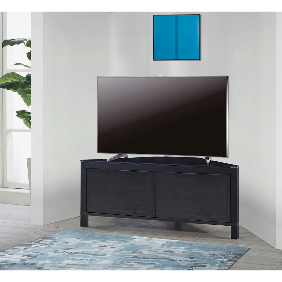 image 1 of MDA Designs VOLANS Black Tru-Corner Remote Friendly Doors LCD/Plasma/LED TV up to 42" Corner TV Cabinet | Black | 1