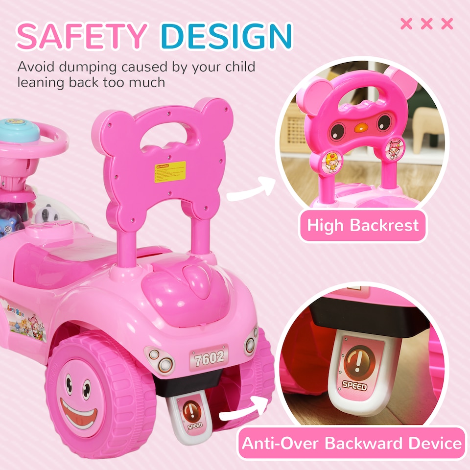 image 1 of AIYAPLAY Ride on Car, Push Along Toy, Toddler Car Foot to Floor with Under Seat Storage, Anti-Over-Backwards Device, Horn, Music, Light, for 18-36 Months, Pink