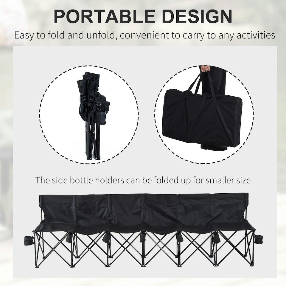 image 1 of Outsunny 6 Seater Folding Bench Camping Chair with Cup Holder, Black
