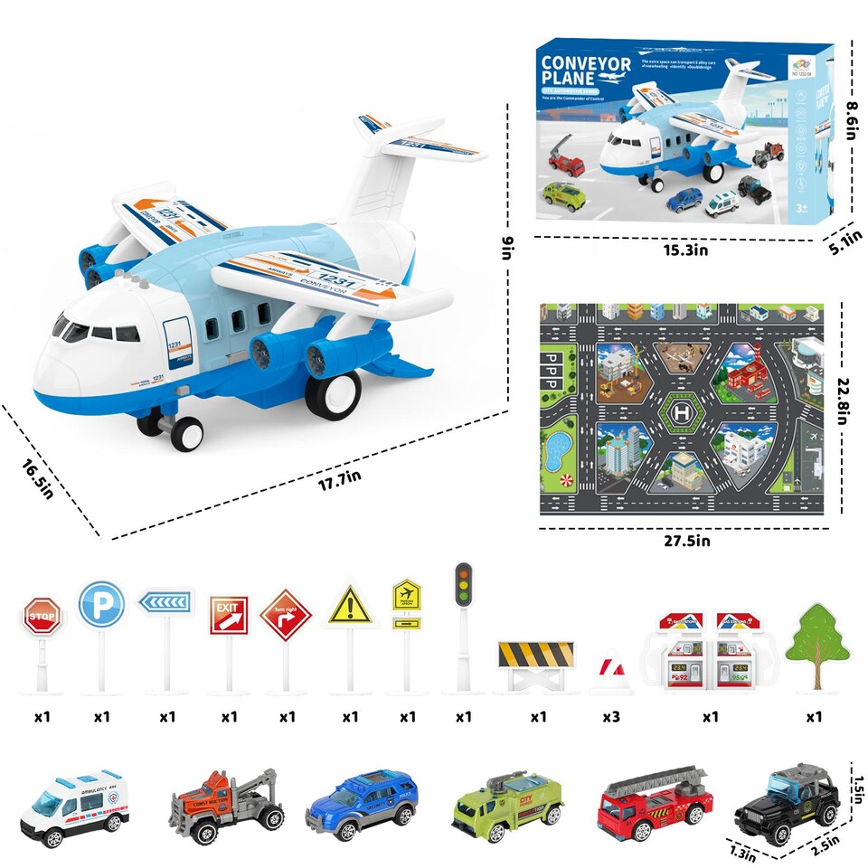 image 1 of Cargo Airplane & Car Track Play Set - Interactive Toy with Music, Lights, Spray Effects, Maps, Road Signs & Car Accessories - Educational Vehicle Playset for Kids Ages 3-6, Perfect Birthday Gift