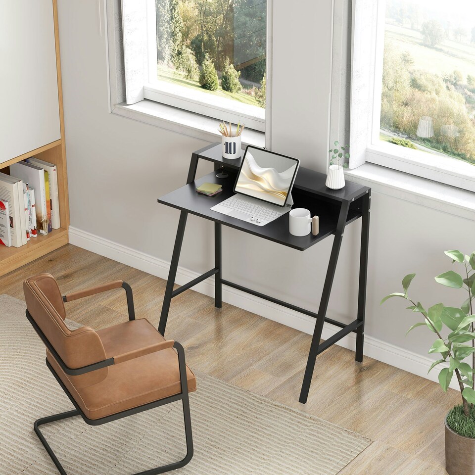 image 1 of HOMCOM 2-Tier Storage Computer Workstation with Shelf, Metal Frame Black