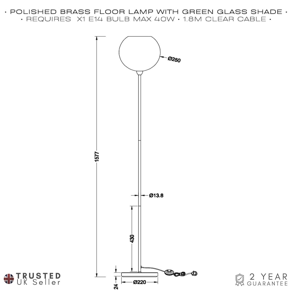 image 1 of Designer Chic Floor Lamp with Brushed Gold Base and Emerald Green Glass Shade | Green