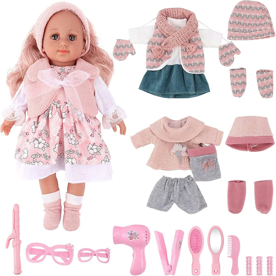 image 1 of Baby Doll Dress-Up Set with Clothes and Hair Accessories – 36cm Soft Body Doll