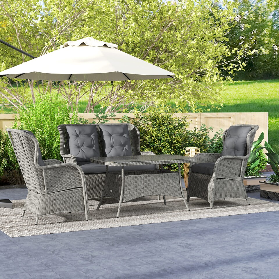 image 1 of Outsunny Garden PE Rattan Dining Sofa Set, Outdoor 4 Seater Wicker Furniture, High Back Chairs with Cushions, Tempered Glass Coffee Table for Patio, Light Grey