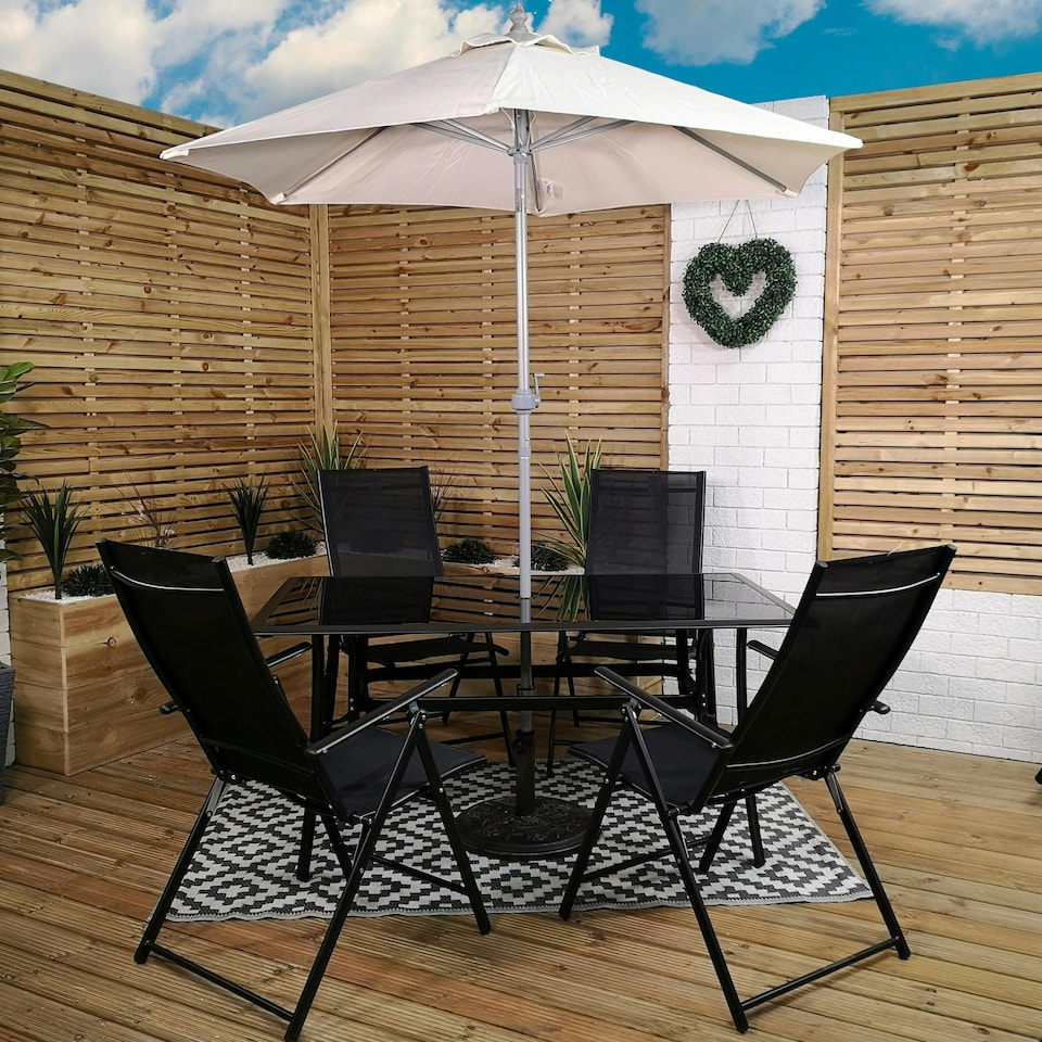 image 1 of Outdoor 4 Person Rectangular Glass Top Garden Patio Dining Table Chairs Cream Parasol and Base Set
