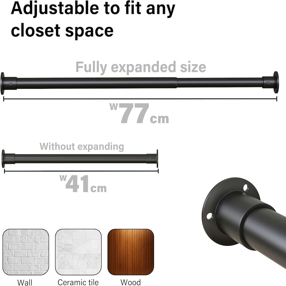 image 1 of Extendable Wardrobe Clothes Rail Rod Pole Black Stainless Steel Adjustable Store - Small (45-77cm) Black