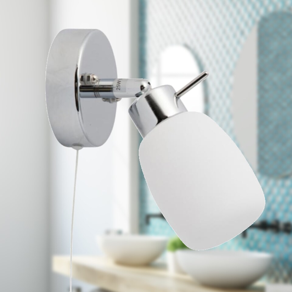 image 1 of Brom - Chrome Opal Glass IP44 Pull Cord Bathroom Wall Spotlight | Chrome | 1