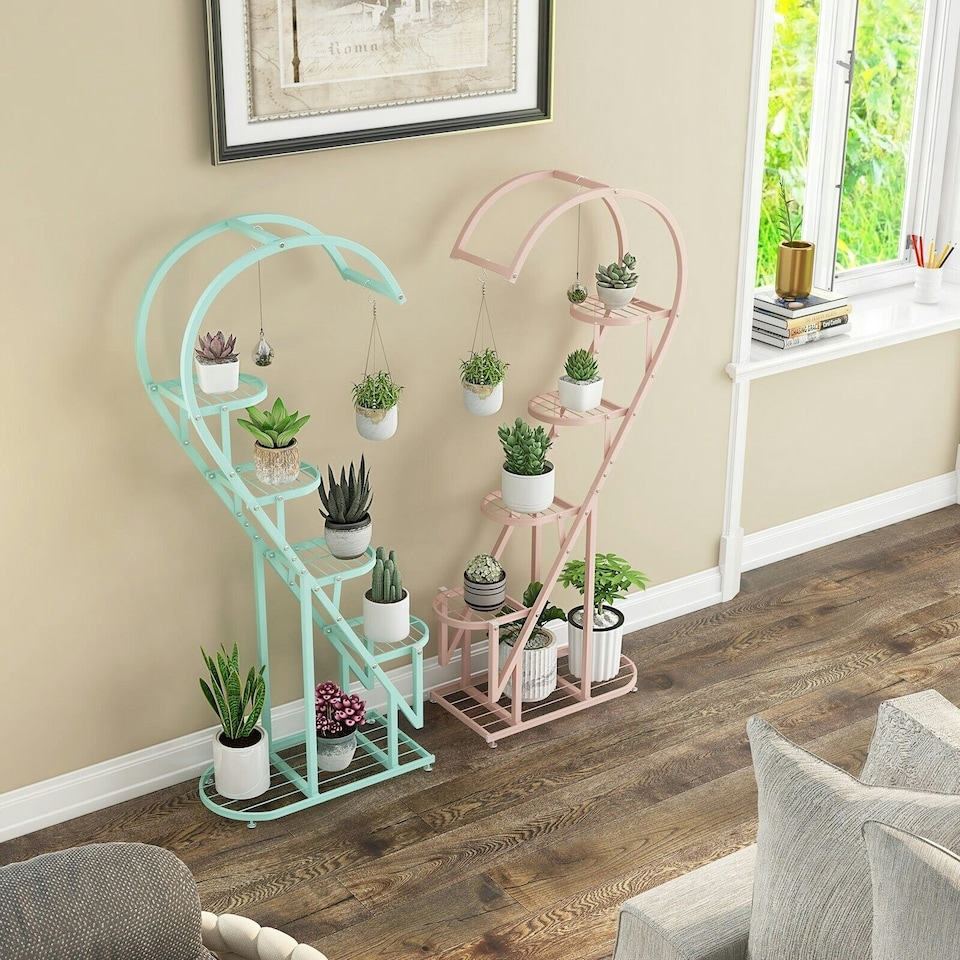 image 1 of COSTWAY 5 Tier Plant Stand Heart-shaped Ladder Shelf | Pink
