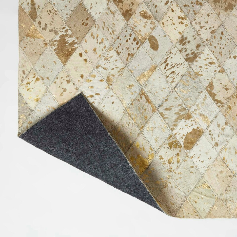 image 1 of Homescapes Gold and Grey Geometric Diamond Leather Rug - 90 x 150 cm