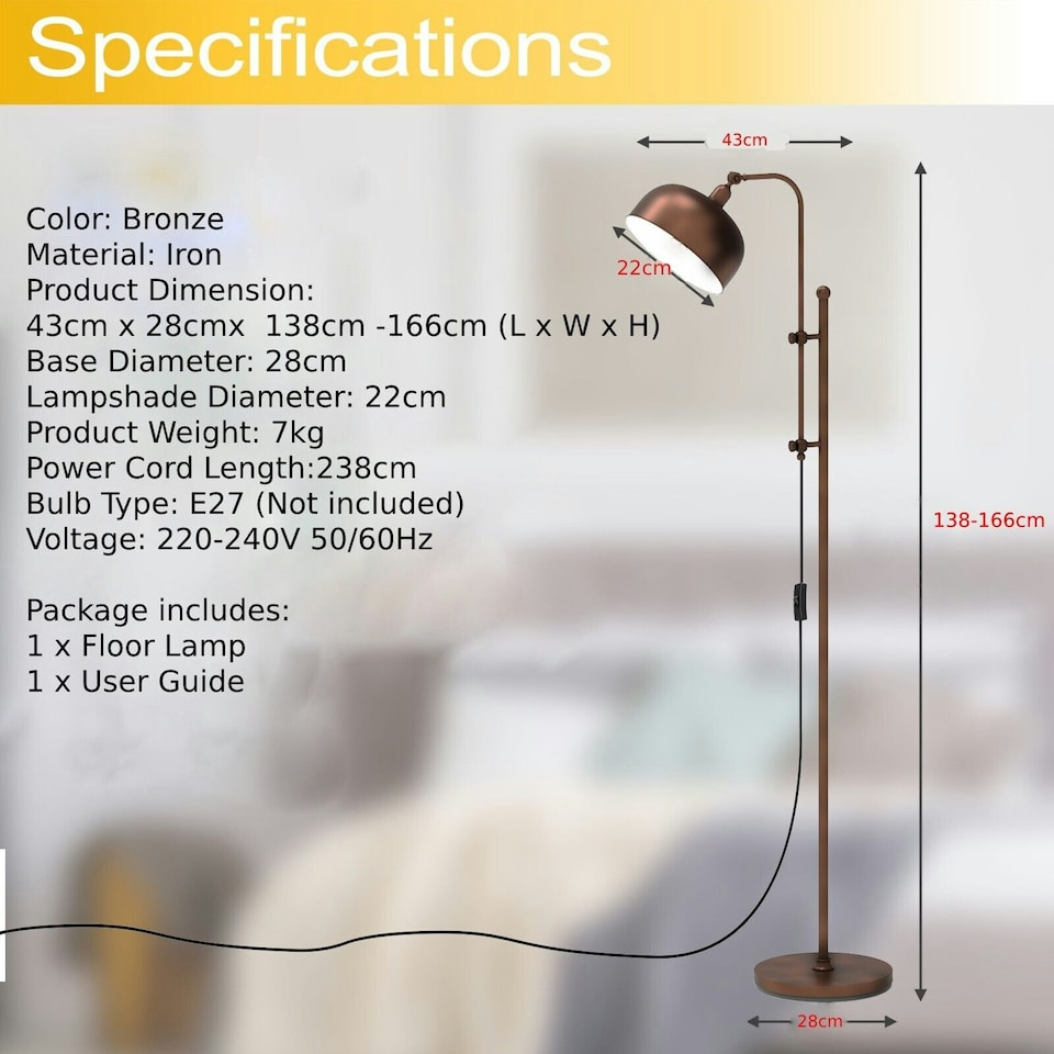 image 1 of COSTWAY Industrial Floor Lamp Metal Free-standing Light Bronze