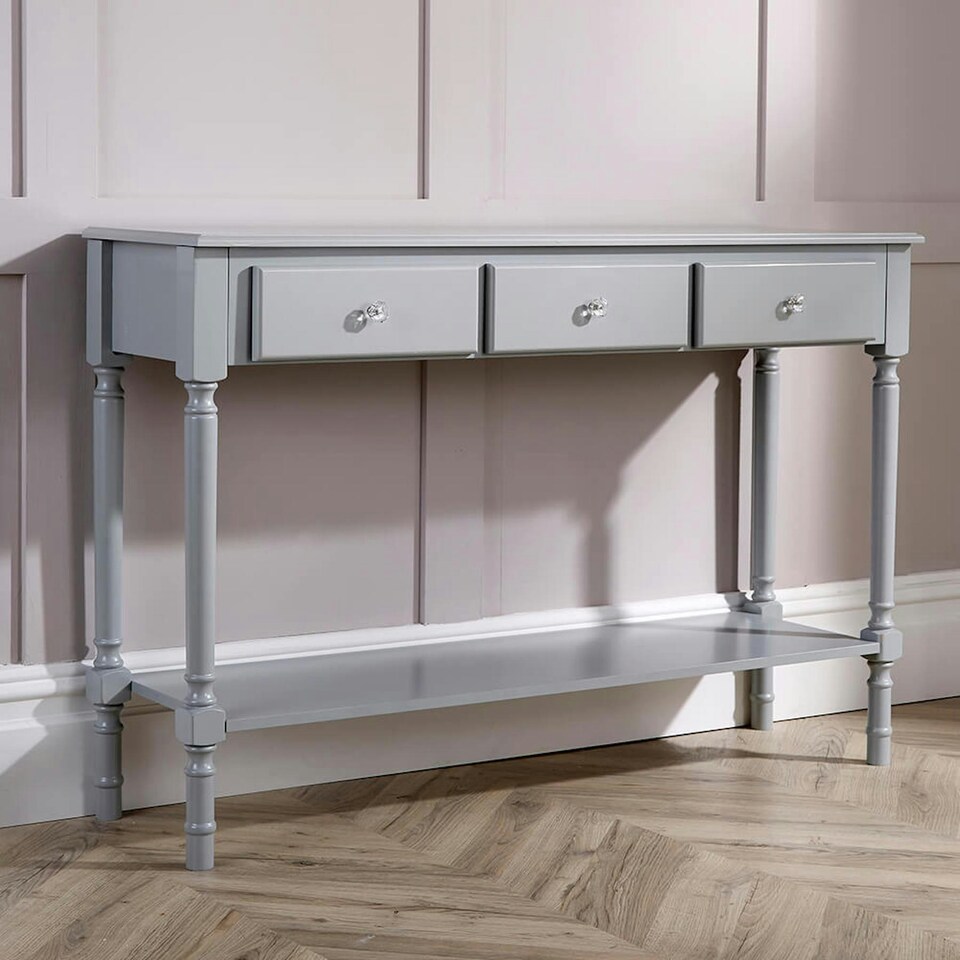image 1 of Hallway Console Table Stylish Grey Painted Wooden 3 Drawer Side Desk Undershelf Grey