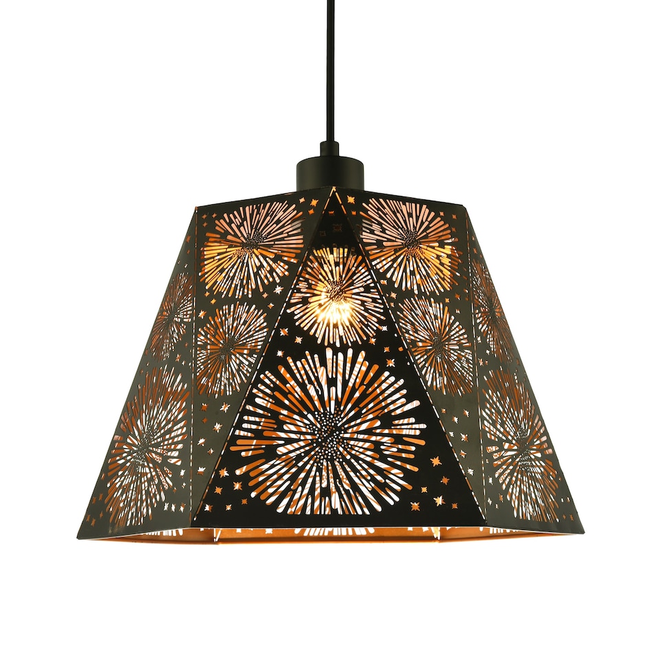 image 1 of Designer Hexagonal Pendant Lamp Shade in Matte Black with Starburst Shapes | Black