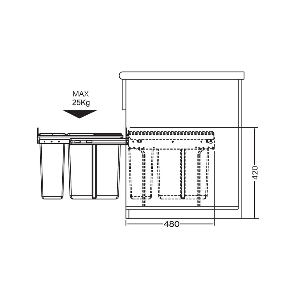 image 1 of FittingsCo, 40 Litre Under Counter Pull Out Waste Bin, 1x20L + 2x10L, Suits 400mm Base Cabinet, Base Mounted