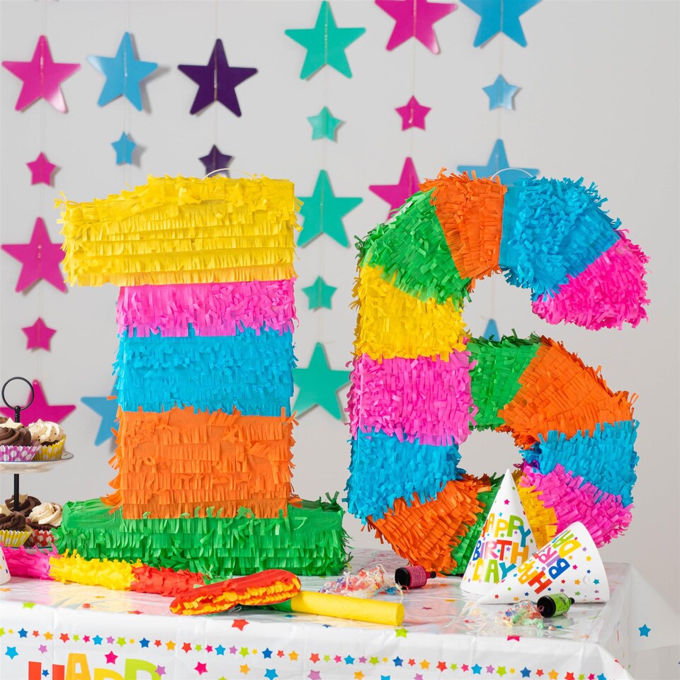 image 1 of Fax Potato Fax Potato Pinata Set with Stick & Blindfold - 16th Birthday / Anniversary - Rainbow