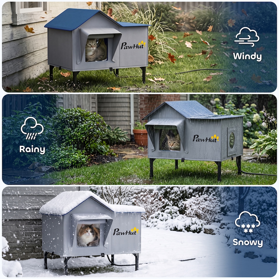 image 1 of PawHut Heated Cat House Weatherproof Cat House for Outside with Heating Pad
