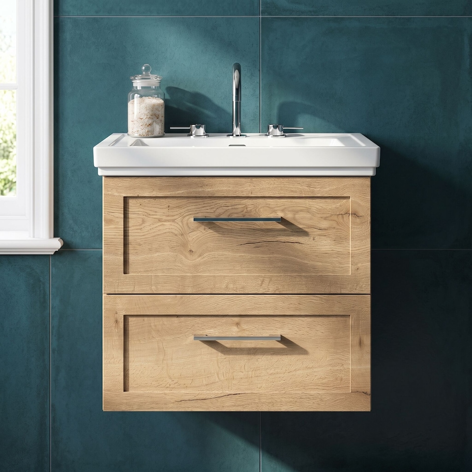 image 1 of Balterley Stonnall Traditional Wall Hung 2 Drawers Vanity Unit with Traditional 3 Tap Hole Fireclay Basin, 600mm, Autumn Oak