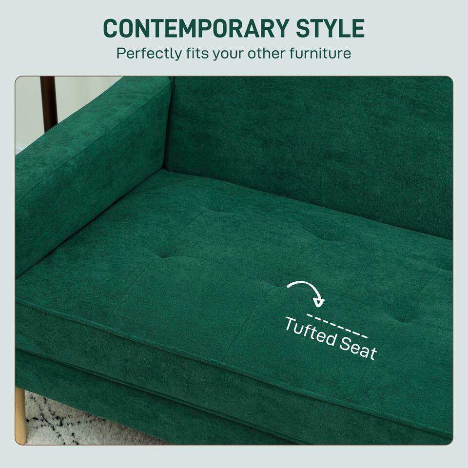 image 1 of HOMCOM 2 Seater Sofa, Velvet-Feel Upholstered Loveseat for Small Space, Green | Green