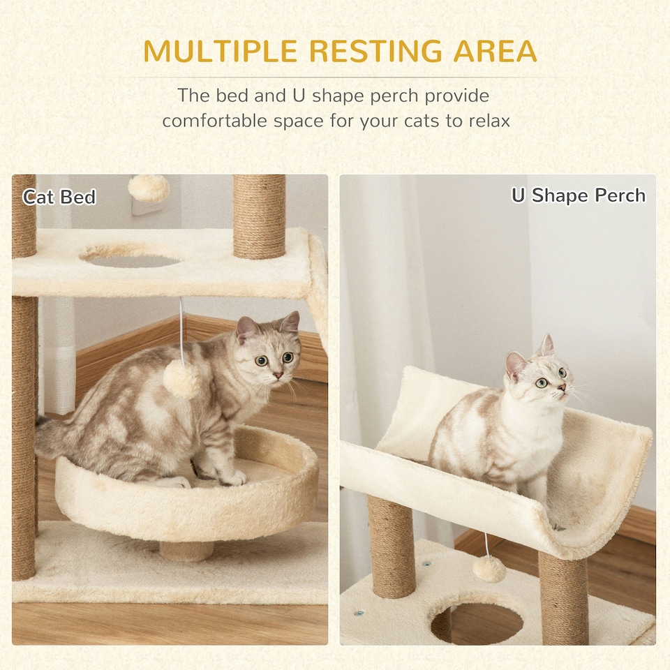 image 1 of PawHut Cat Tree Kitten Tower with Scratching Post Bed Perch Toy, Light Brown
