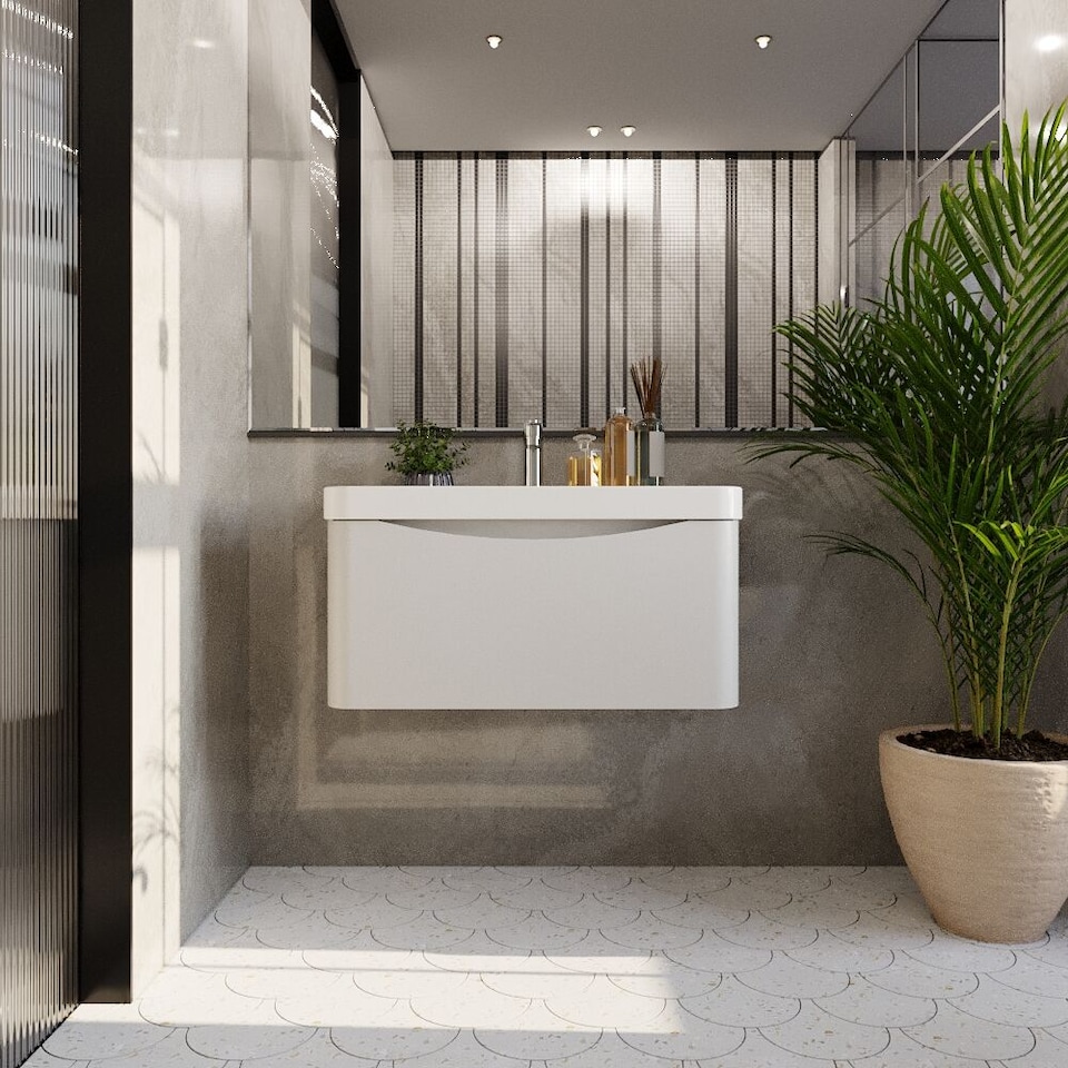 image 1 of Balterley Arch Modern Bathroom Wall Hung 1 Drawer Vanity Unit & Ceramic Basin | White | Satin White