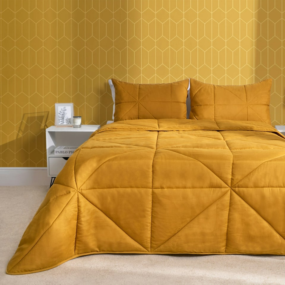 image 1 of OHS Coverless Quilted Geometric Embossed Soft Plush Cosy 7.5 Tog Washable Duvet Cover and Pillowcase Bedding Set Yellow | Ochre Yellow | King